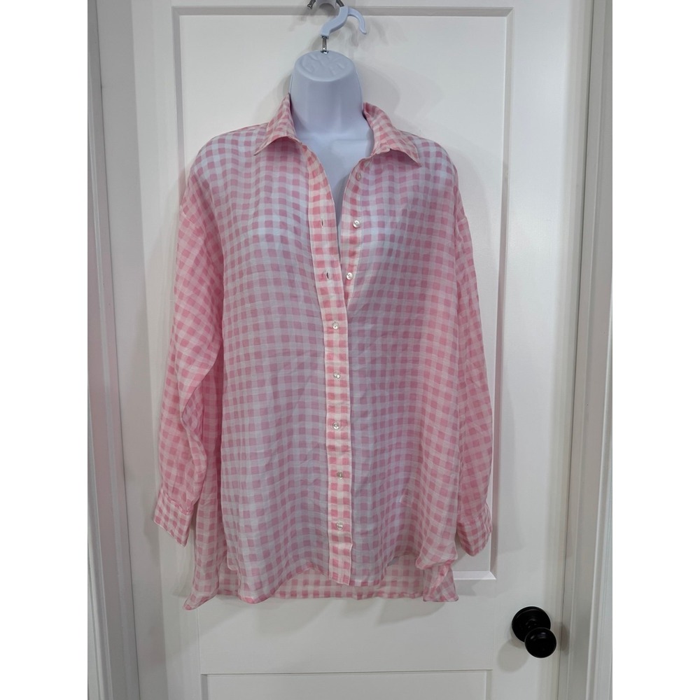New Look Pink White Gingham Check Long Sleeve Button Up‎ Shirt Top Womens 6